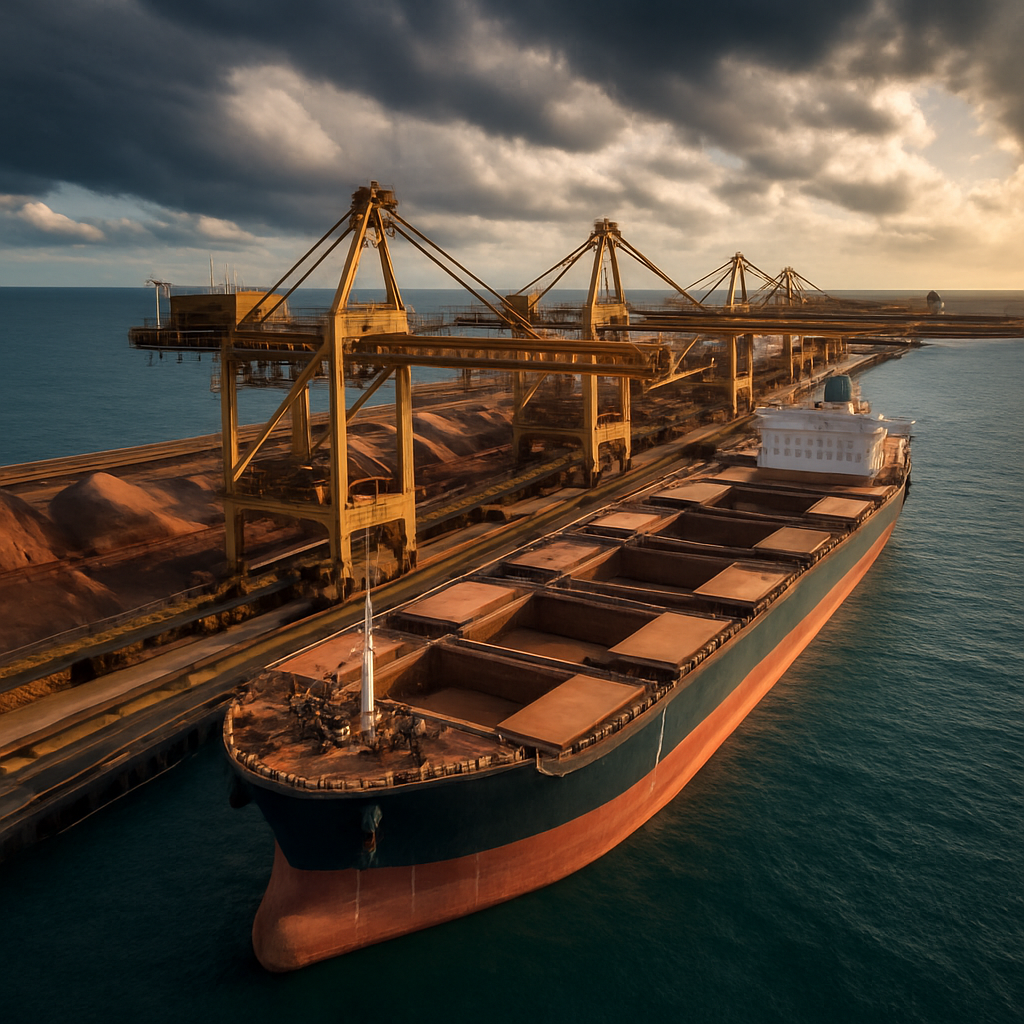 Terminal portuário de granéis com navio sendo carregado