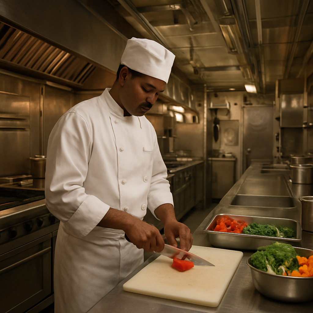 Taifeiro preparando refeição na cozinha de bordo de uma embarcação