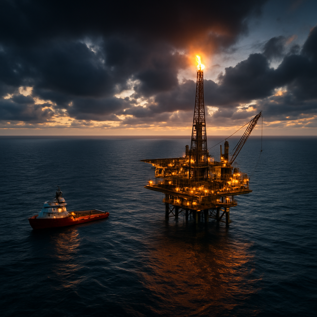Plataforma offshore e embarcação de apoio em alto-mar ao amanhecer
